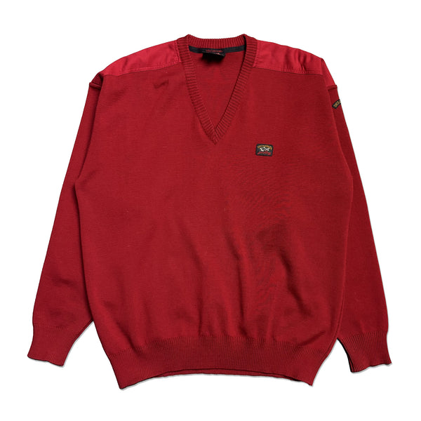 Vintage Paul & Shark Yachting Embroidered Branding Red V Neck Sweatshirt circa 1990's