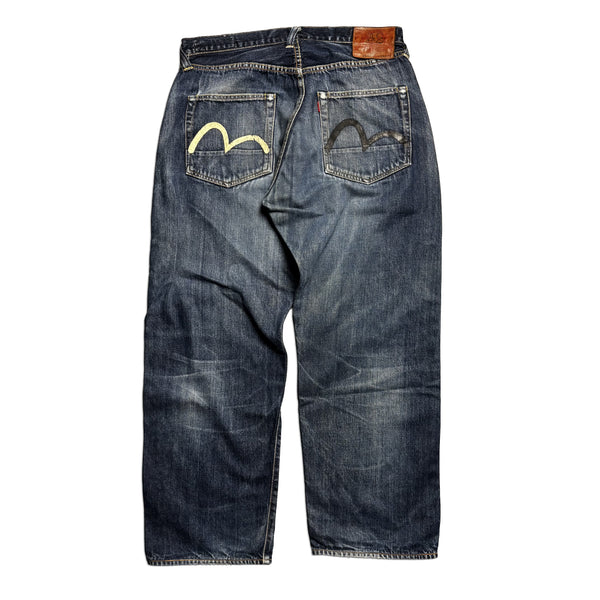 Vintage Evisu Made In Japan Black & White Painted Gull Denim Jeans circa 1990's